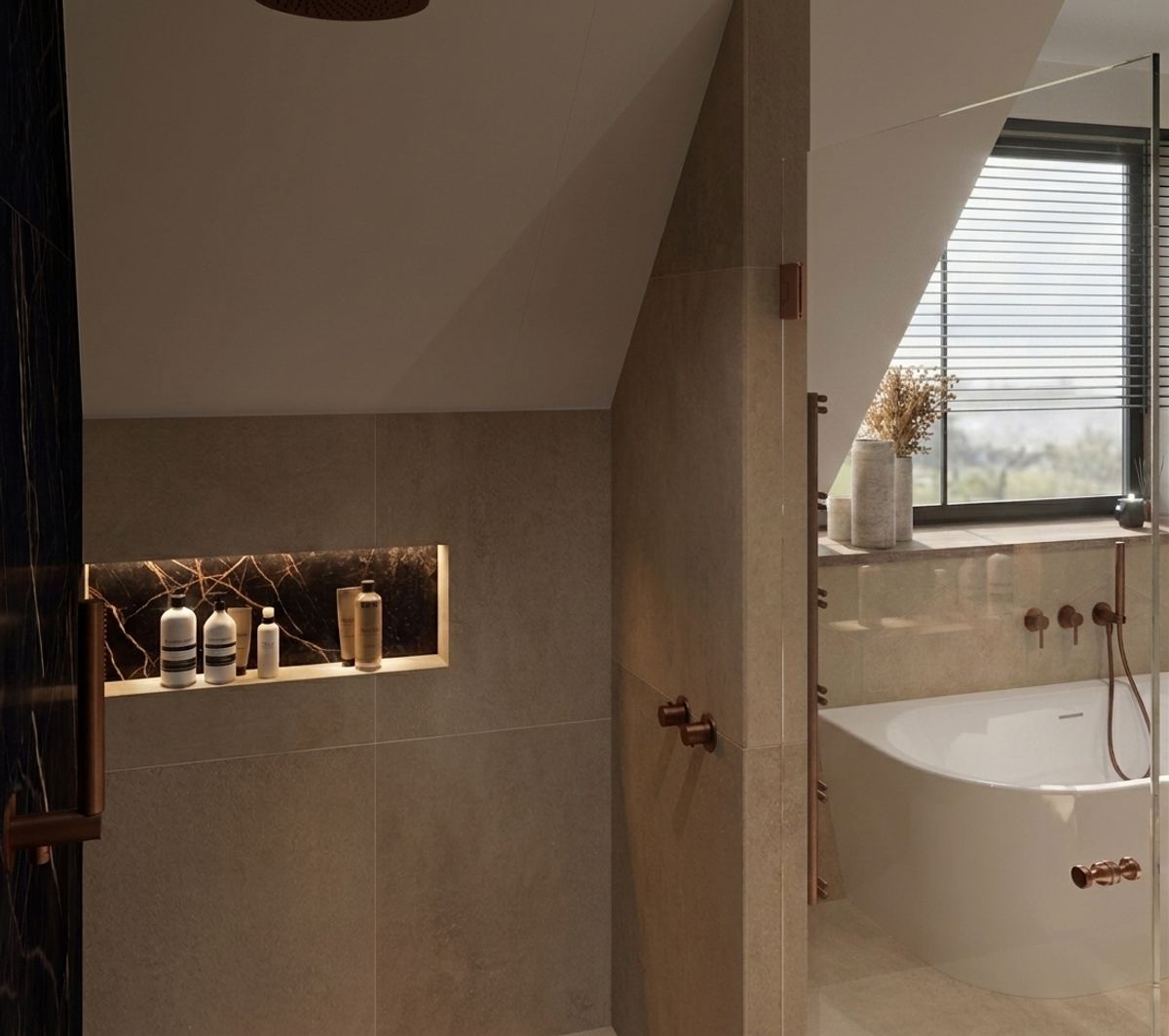 Hotelchique badkamer met marmerlook render 3