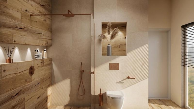Landelijke badkamer in warm hout en koper – Landelijk badkamerontwerp van Balotti