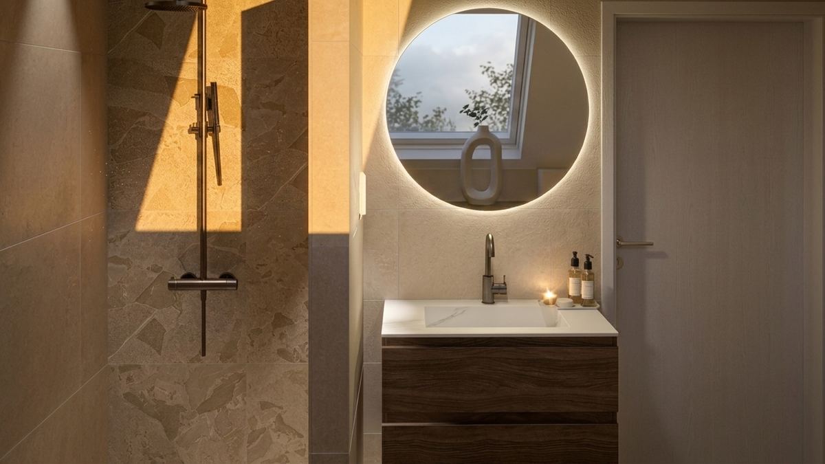 Warme natuurlijke badkamer in zand en hout render 4