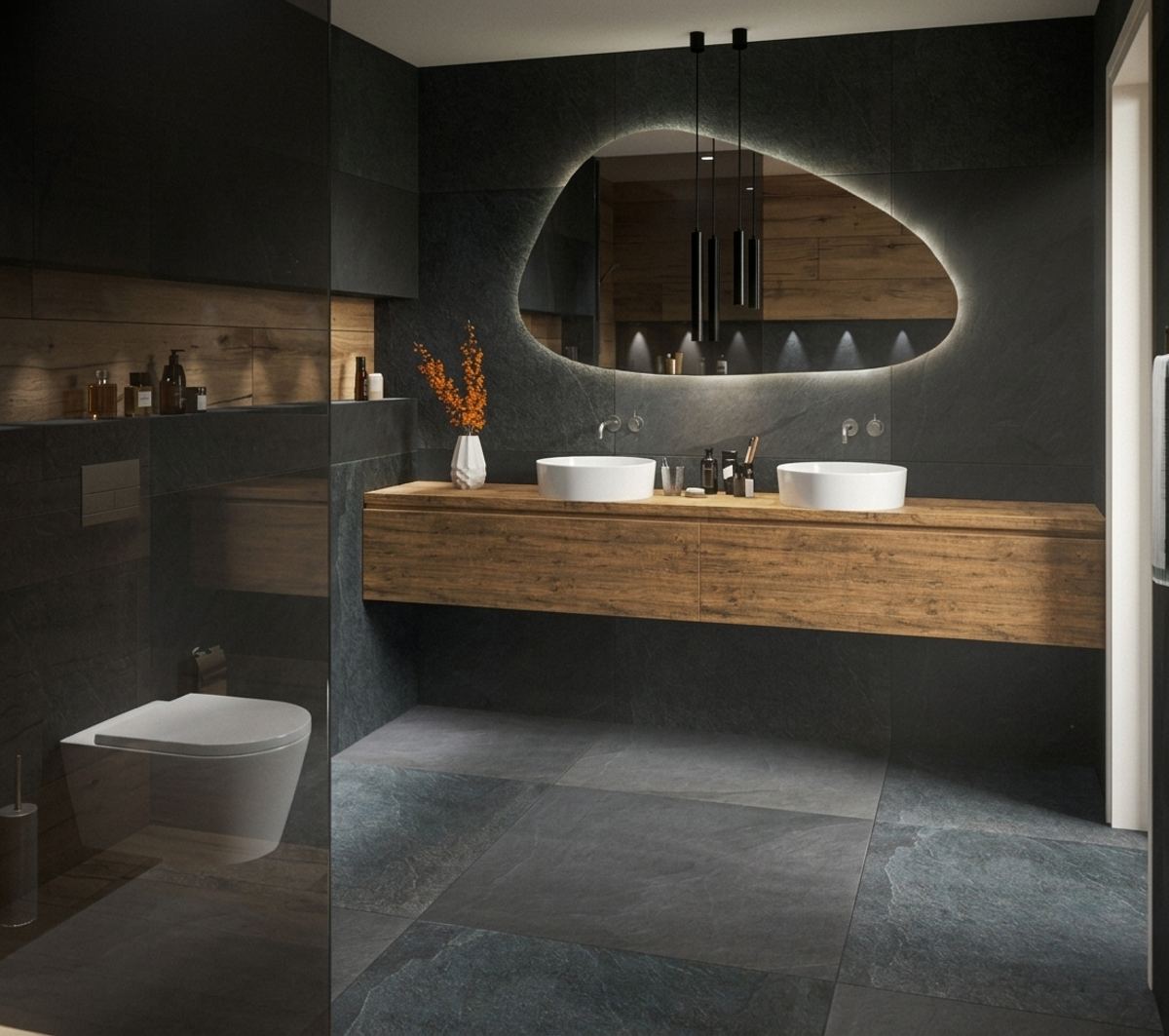 Stoere landelijke badkamer in hout en leisteen render 2