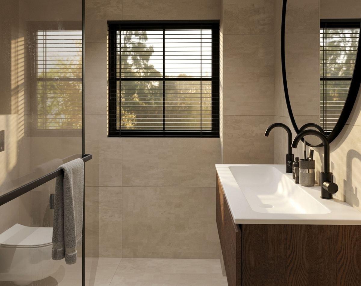 Moderne badkamer in beige met mat zwarte accenten render 3