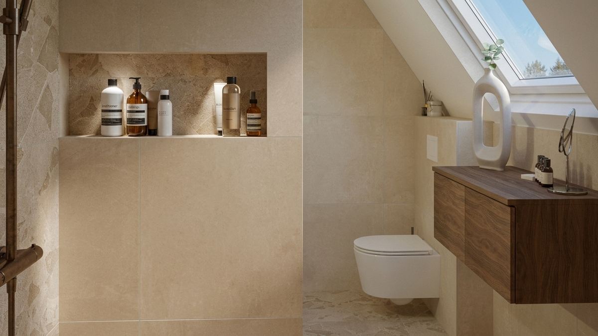 Warme natuurlijke badkamer in zand en hout render 2