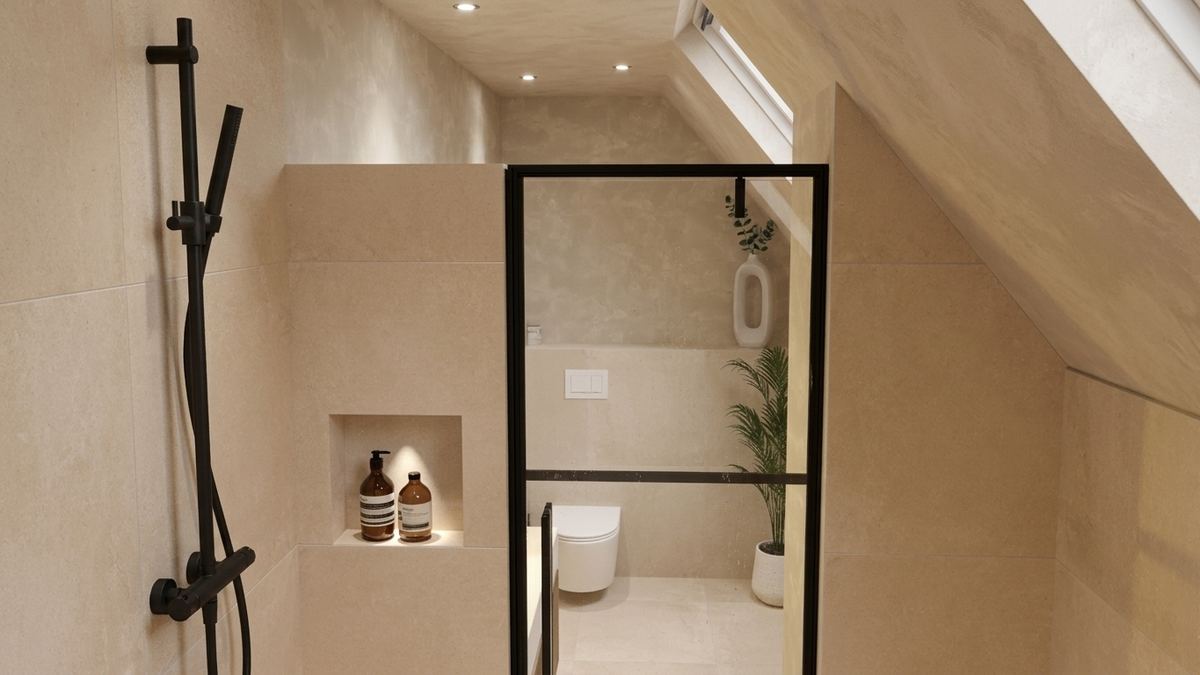 Rustige beige badkamer render 3