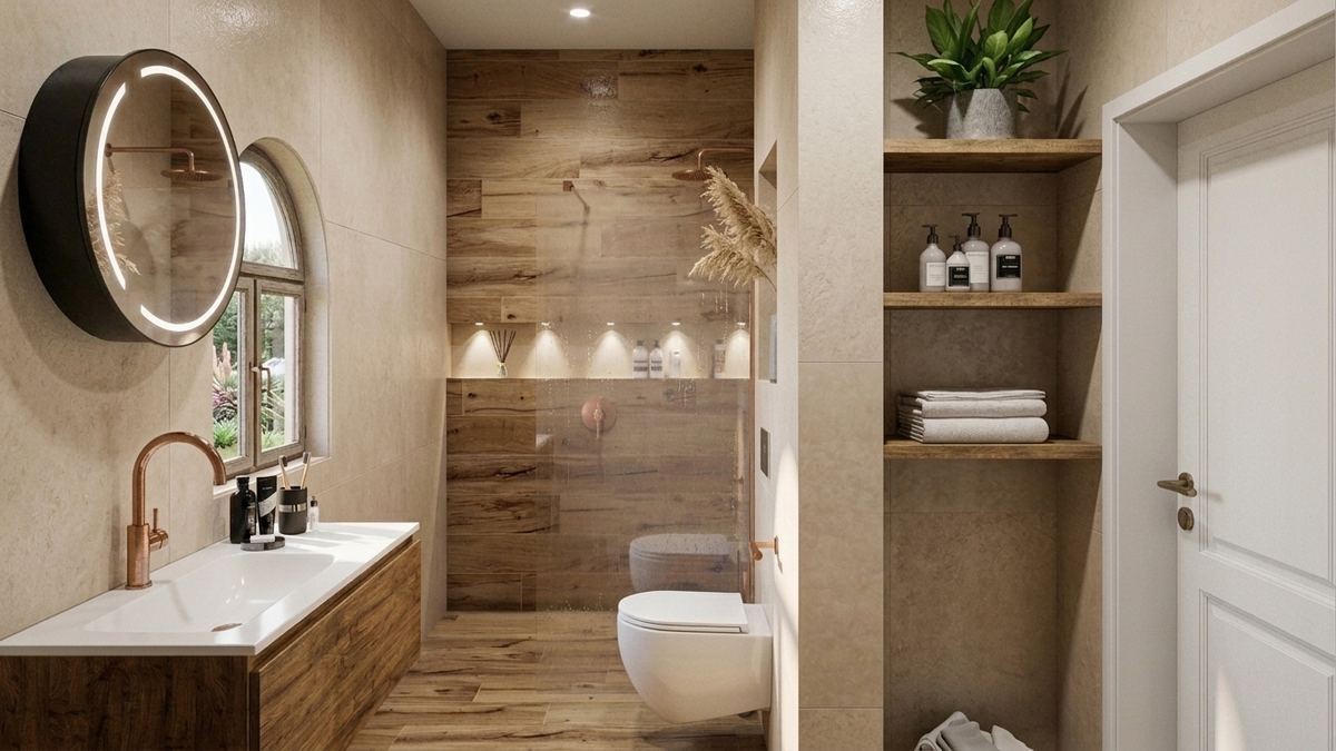 Landelijke badkamer in warm hout en koper render 2