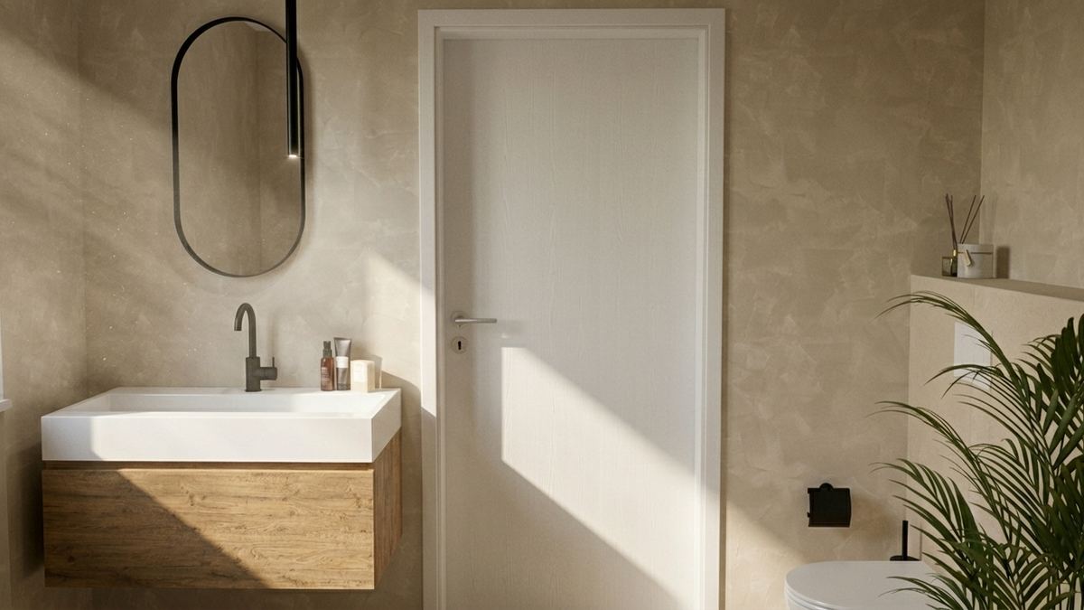 Rustige beige badkamer render 2