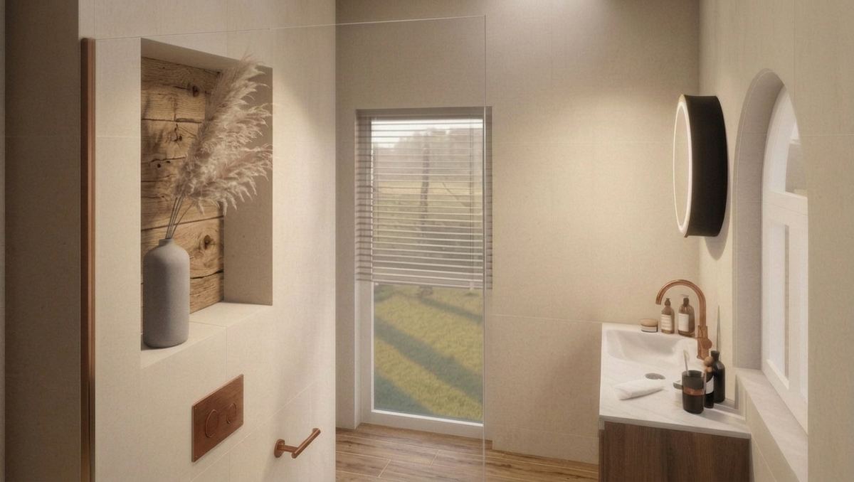 Landelijke badkamer in warm hout en koper render 3