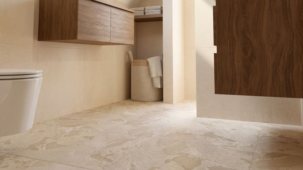Warme natuurlijke badkamer in zand en hout render 3