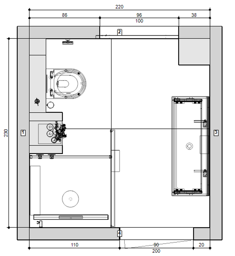 Plattegrond van Moderne badkamer in beige met mat zwarte accenten