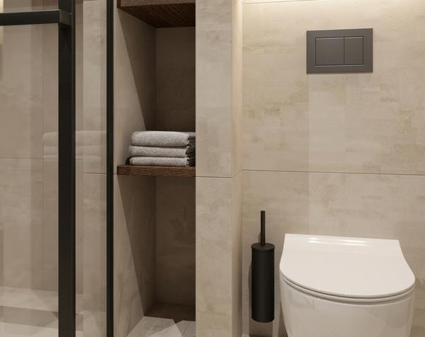 Moderne badkamer in beige met mat zwarte accenten – Modern