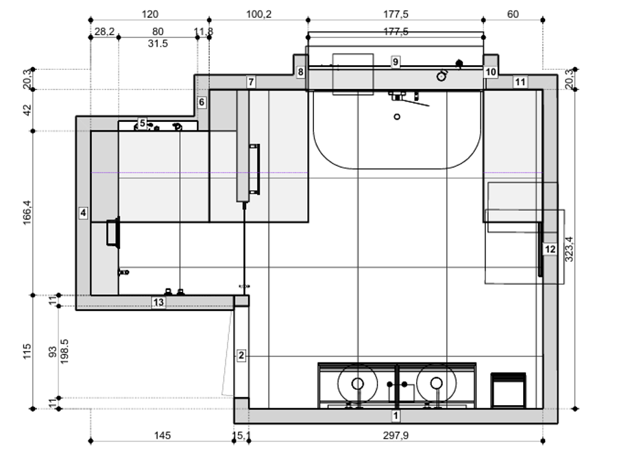 Plattegrond van Hotelchique badkamer met marmerlook