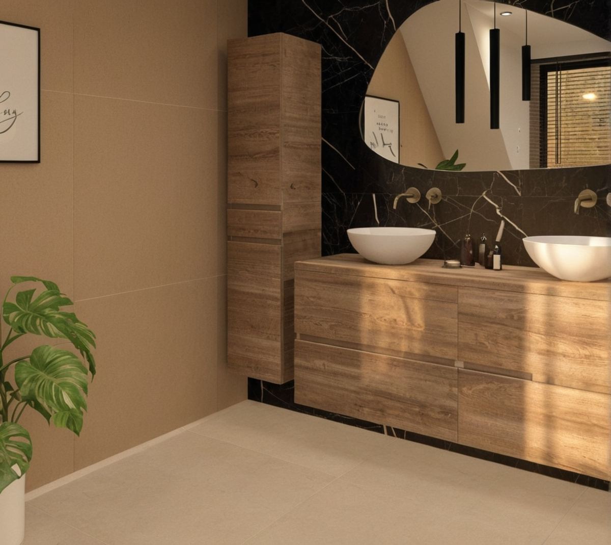 Hotelchique badkamer met marmerlook render 2