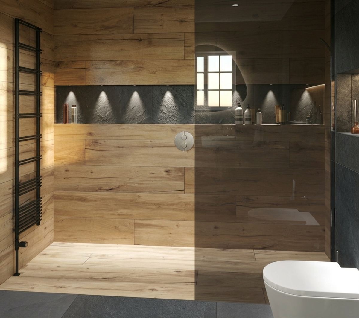Stoere landelijke badkamer in hout en leisteen render 3