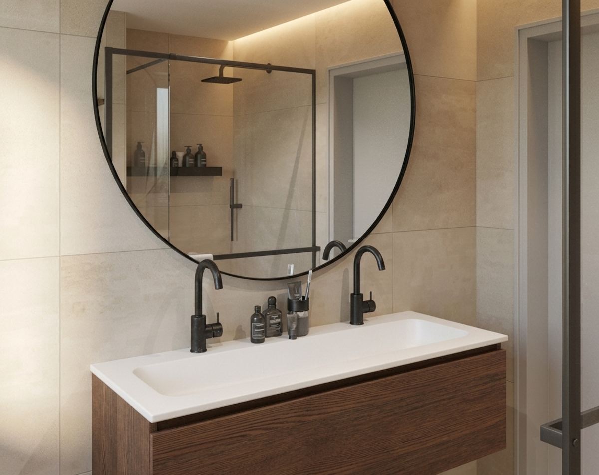 Moderne badkamer in beige met mat zwarte accenten render 4