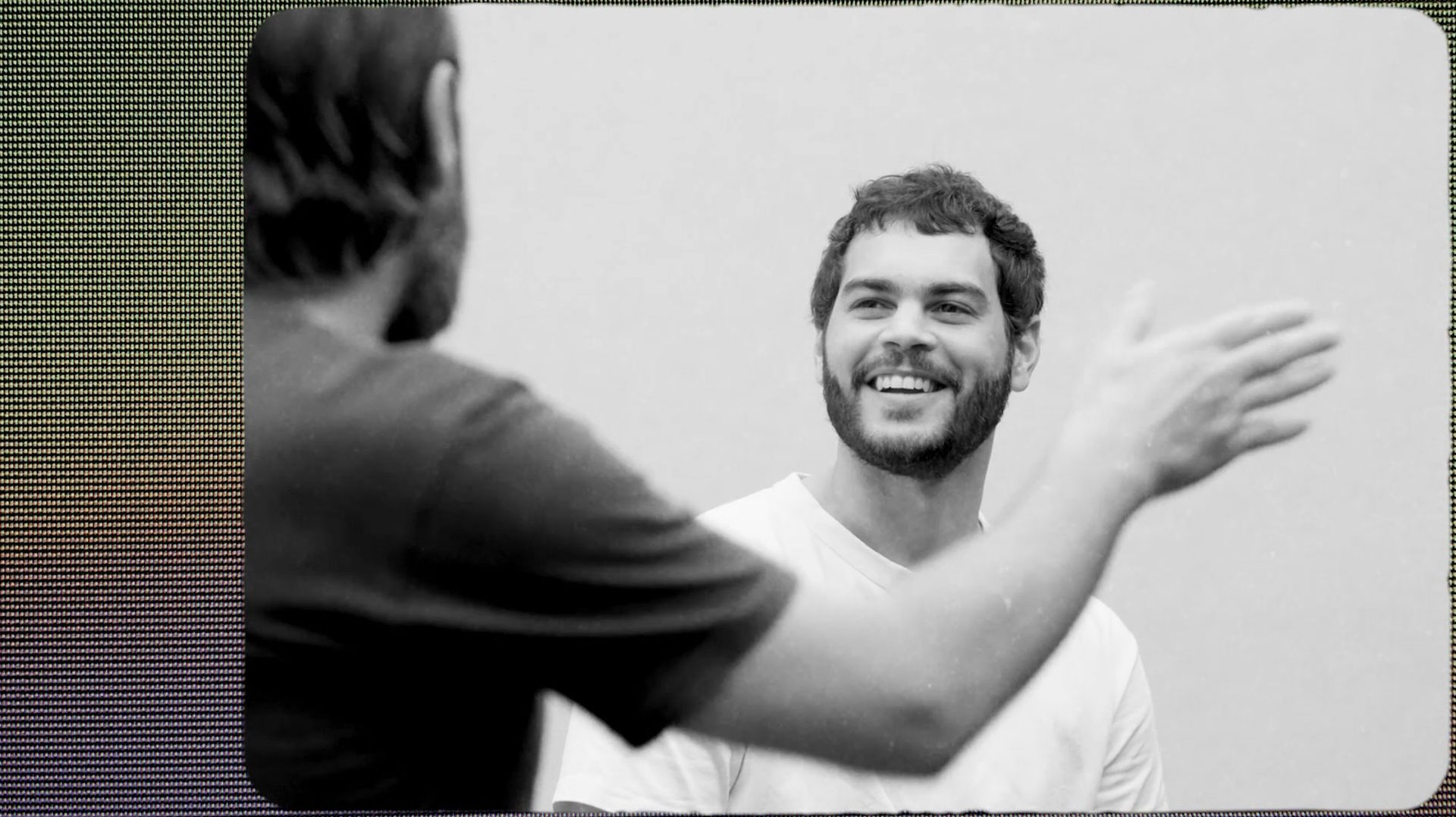 Rhys Ripper talking to Nathan McGuire on the stage in the Powerhouse.