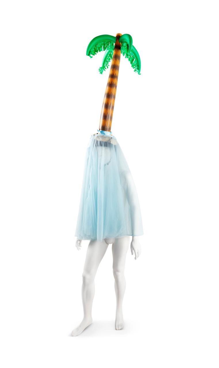 A costume consisting of an inflatable toy palm tree, a hat, and a nylon net.
