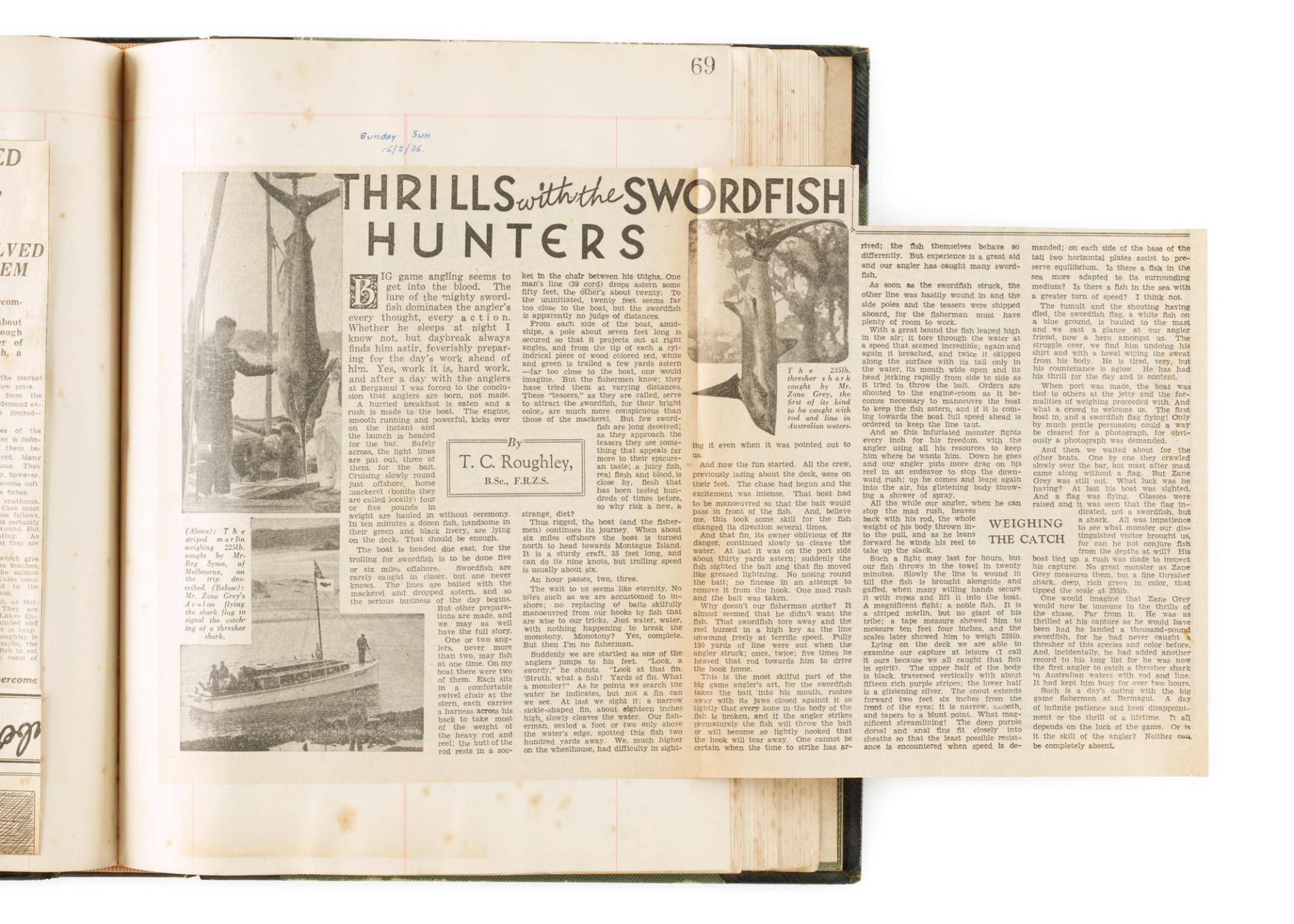 Old black-and-white newspaper article by T C Roughley with the heading ‘THRILLS with the SWORDFISH HUNTERS’, and photos of fish and a fishing vessel.