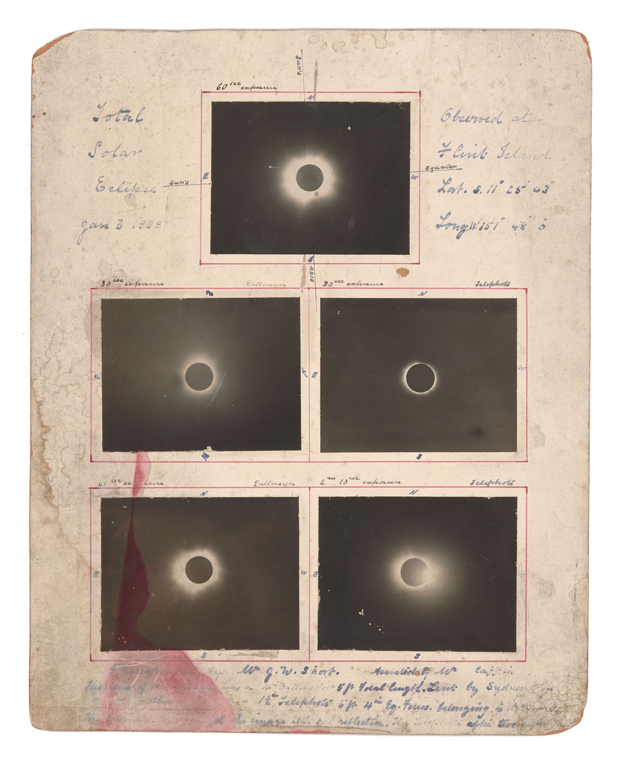 Photographic composite of five images of a solar eclipse mounted on paper.