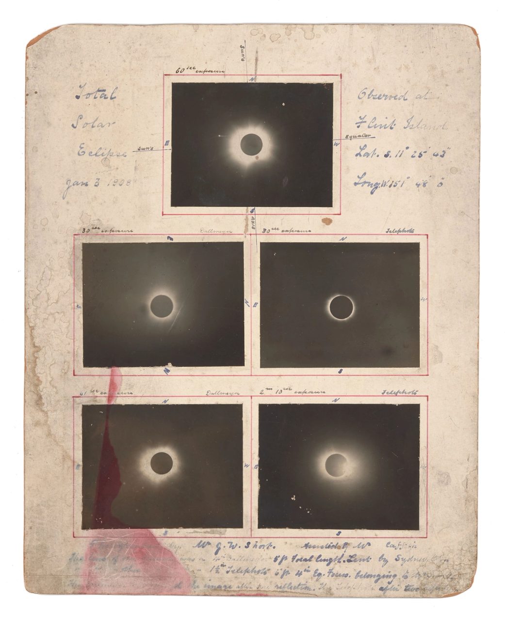 Photographic composite of five images of a solar eclipse mounted on paper.