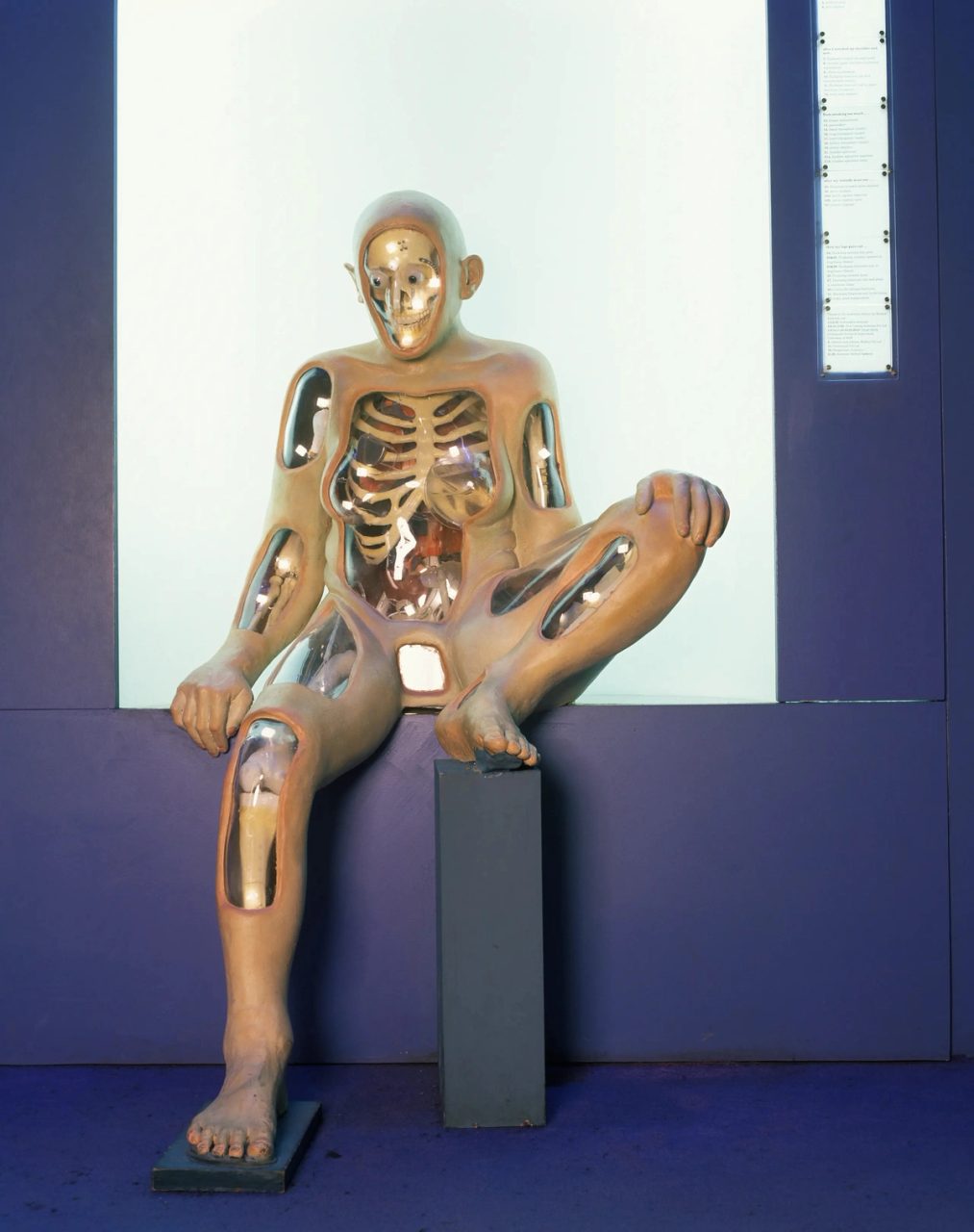 Photograph of 'Chocka Bits', a life-size mannequin of an adult in a seated position. Inside the mannequin an artificial skeleton, 28 artificial surgical implants, and four model organs