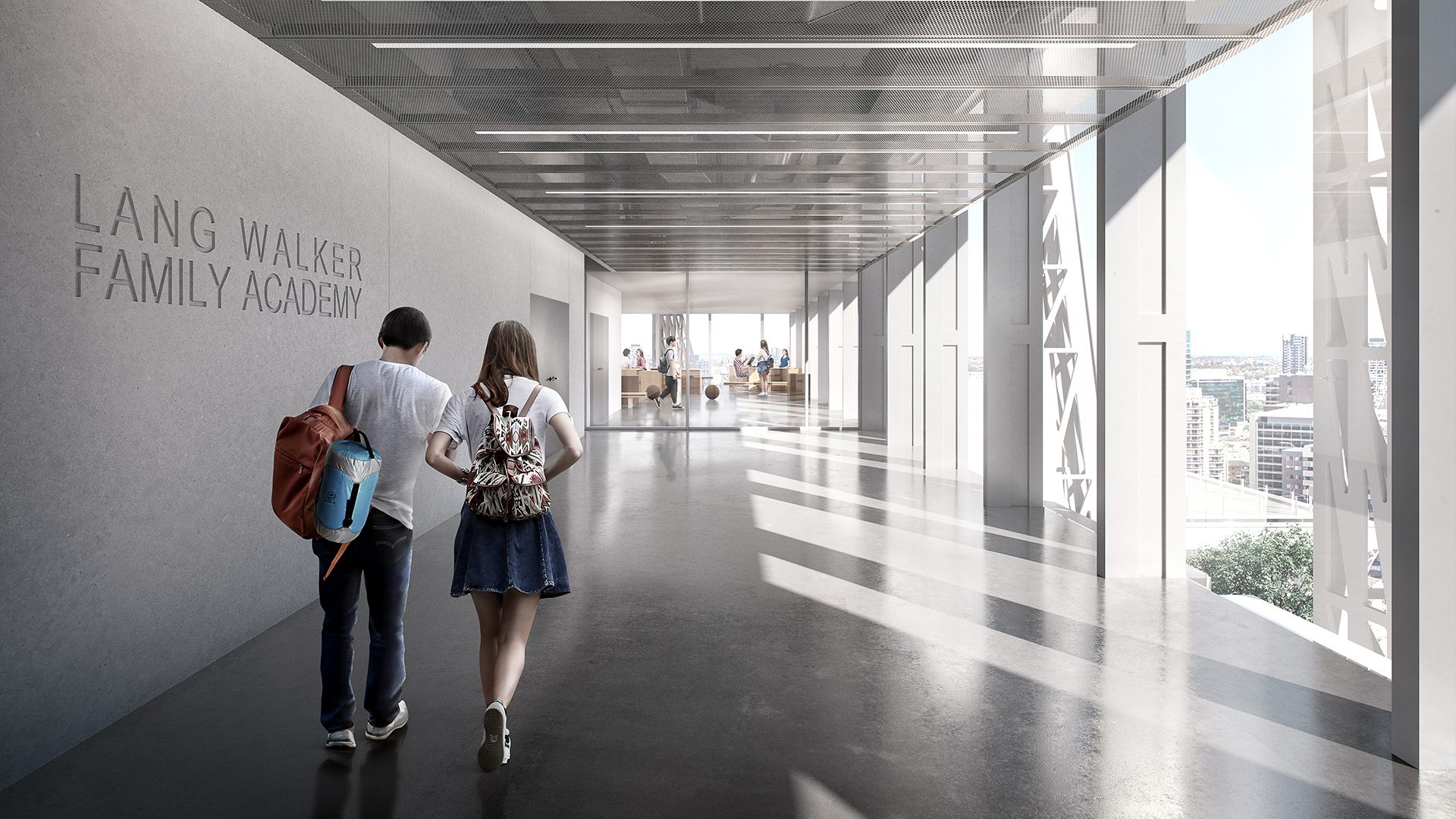 two kids walking down a hall way