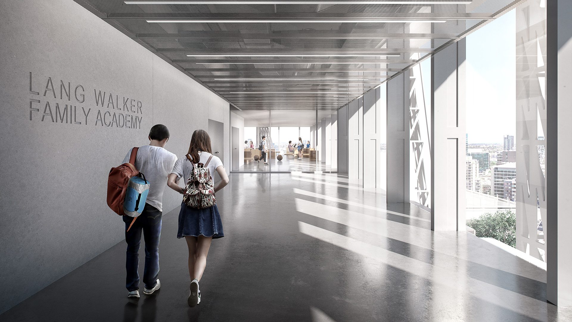two kids walking down a hall way