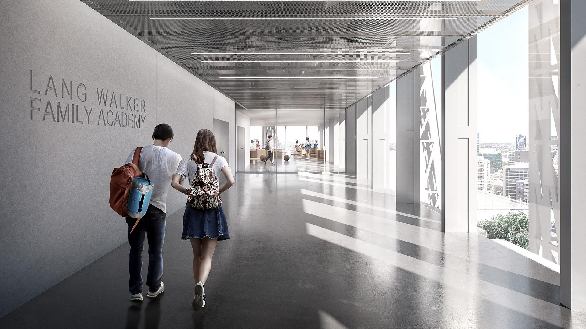 two kids walking down a hall way