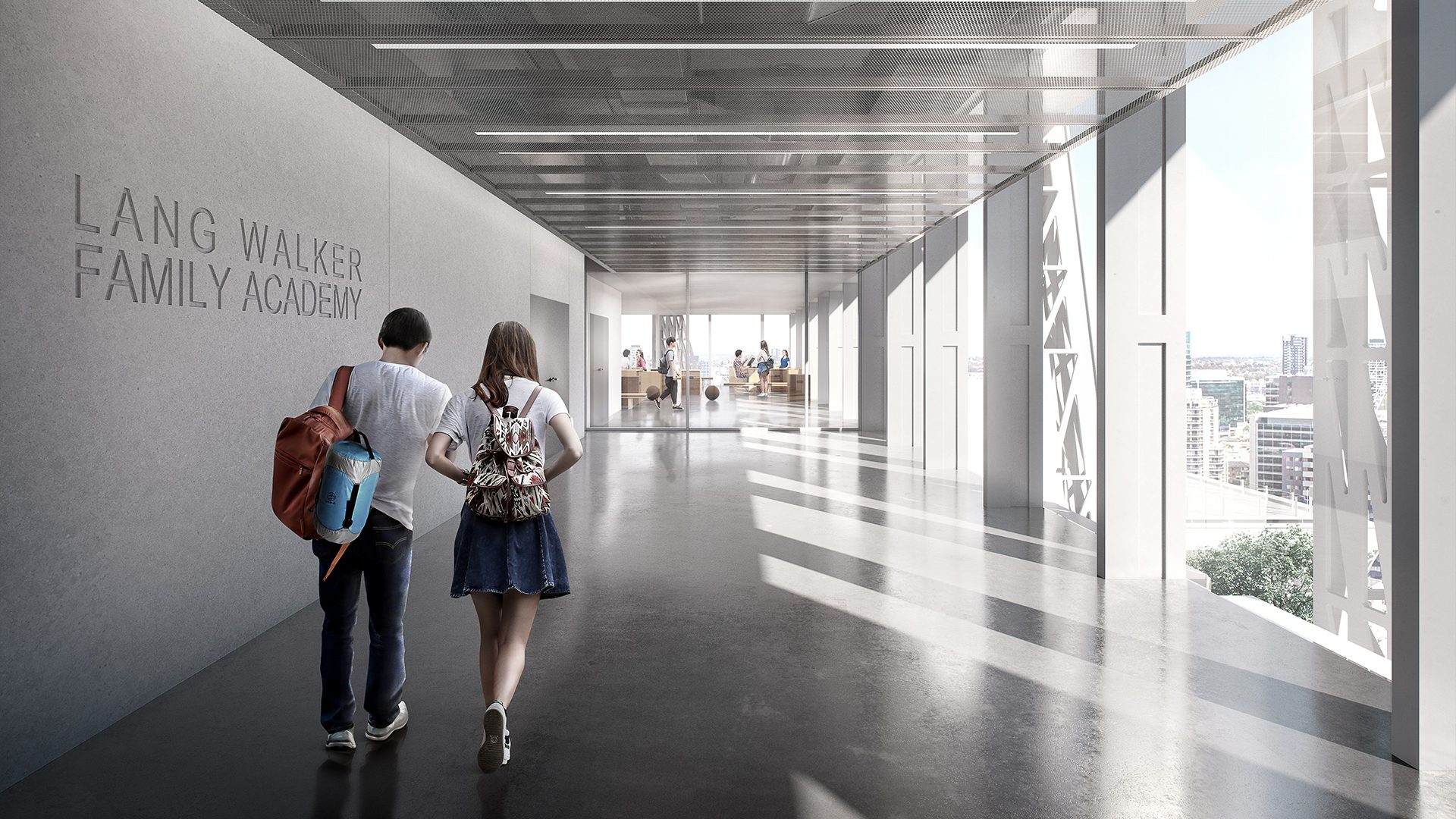 two kids walking down a hall way