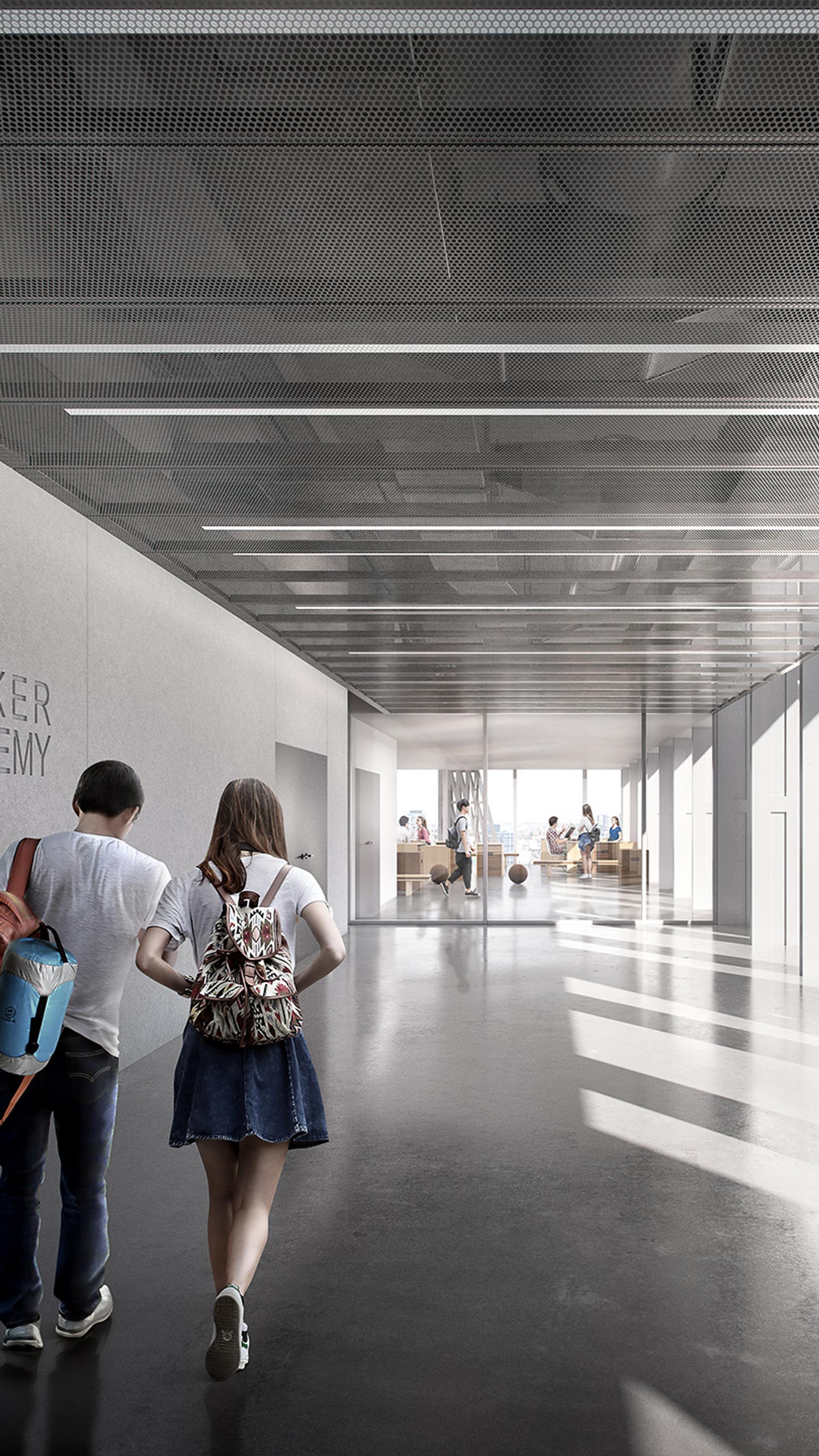 two kids walking down a hall way