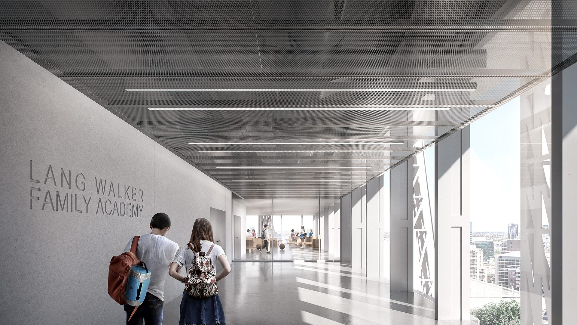two kids walking down a hall way