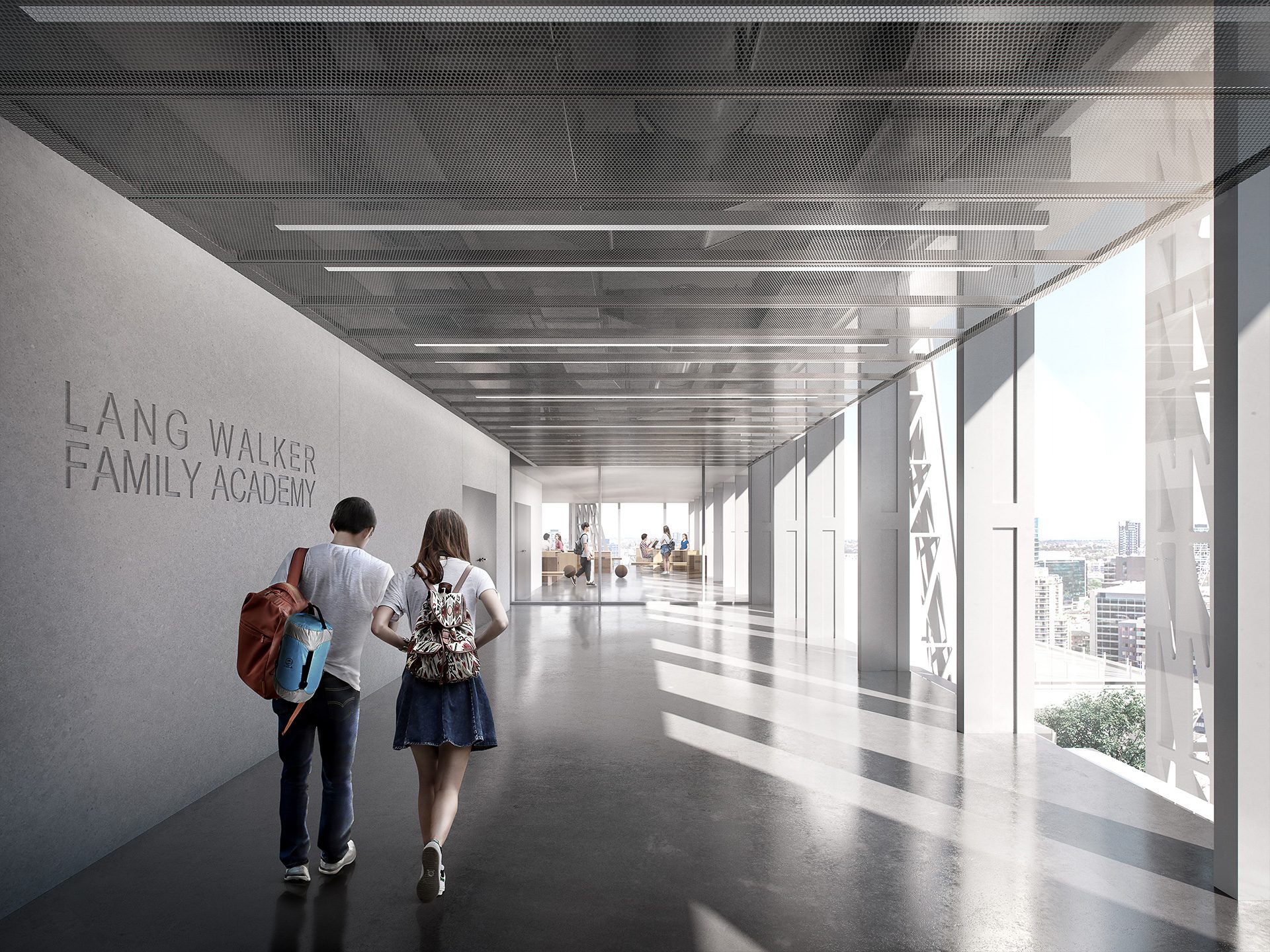 two kids walking down a hall way