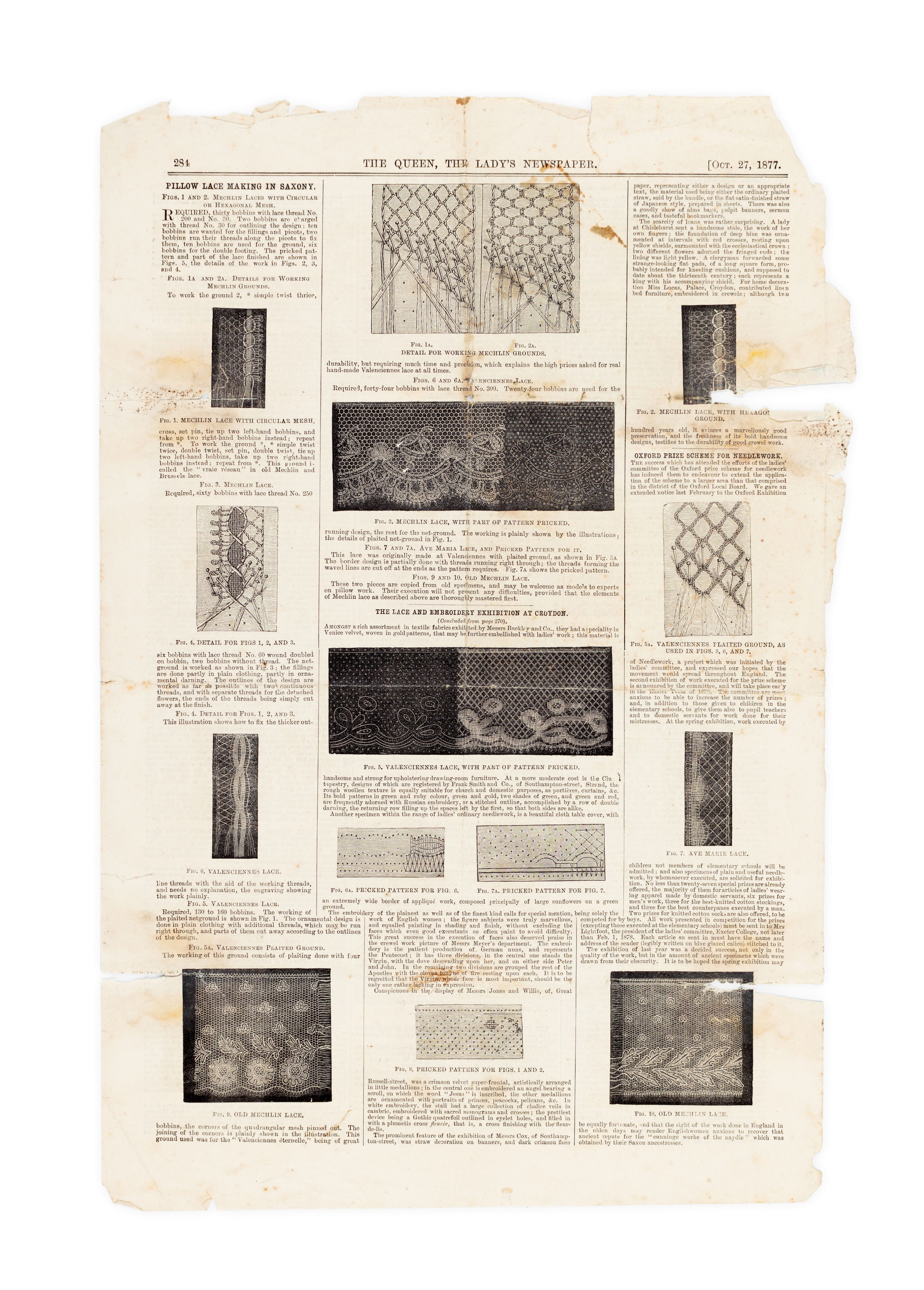 Photograph of a newspaper article on lace making from the newspaper 'THE QUEEN, THE LADY'S NEWSPAPER' page 284.