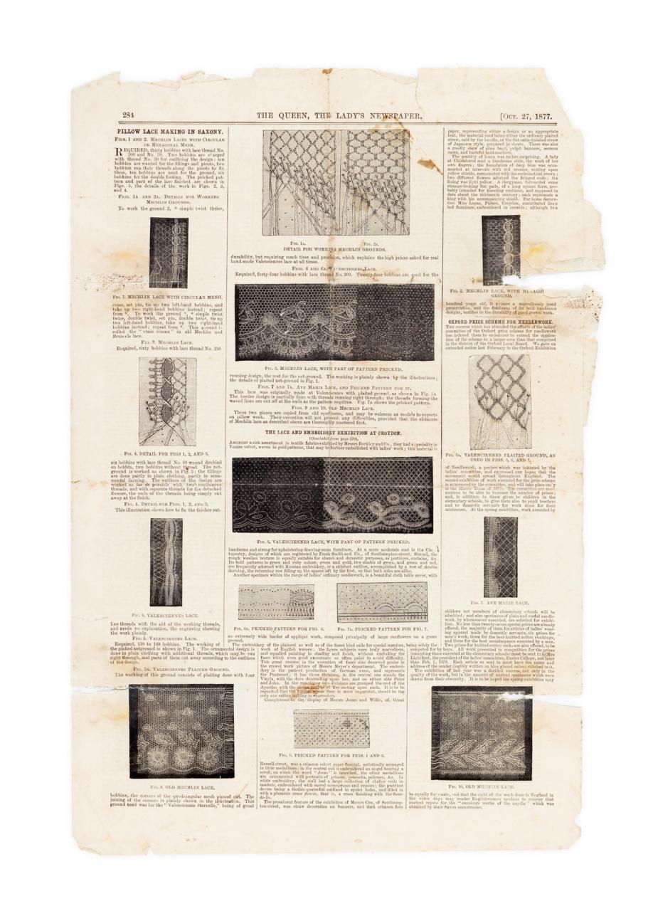 Photograph of a newspaper article on lace making from the newspaper 'THE QUEEN, THE LADY'S NEWSPAPER' page 284.