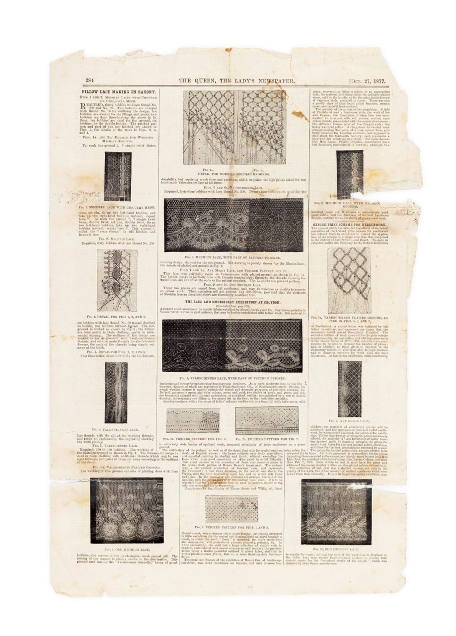 Photograph of a newspaper article on lace making from the newspaper 'THE QUEEN, THE LADY'S NEWSPAPER' page 284.