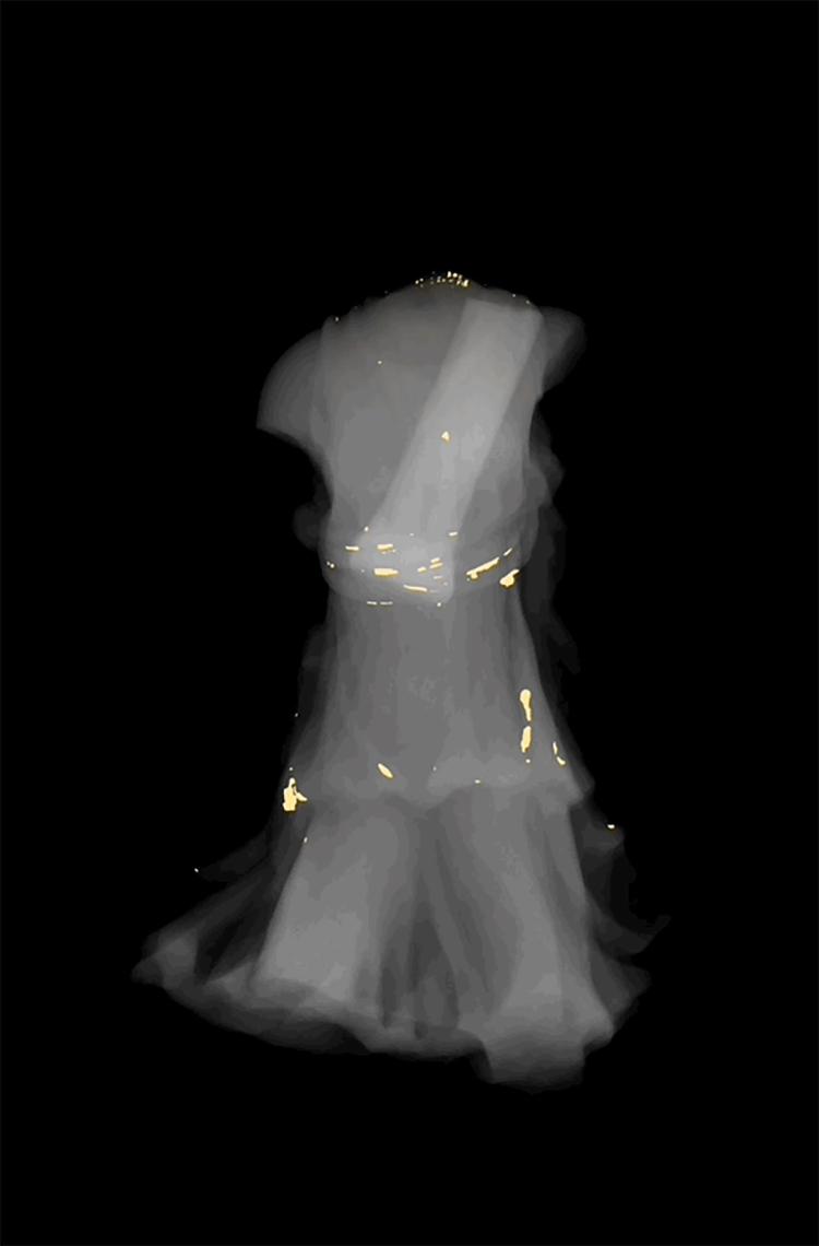 A semi-transparent white and yellow scan of a figurine of Artemis on a black background.