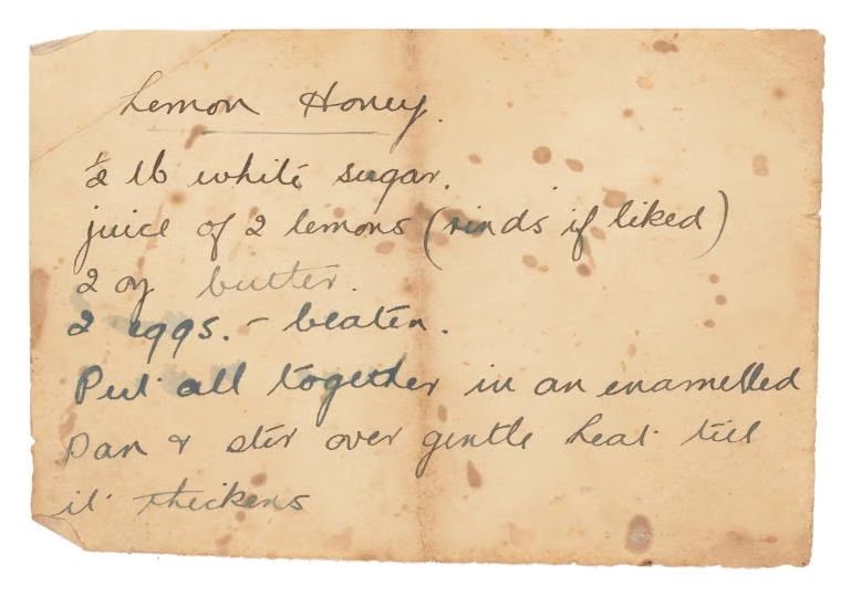 ‘Lemon Honey’ recipe, handwritten in ink on faded paper.