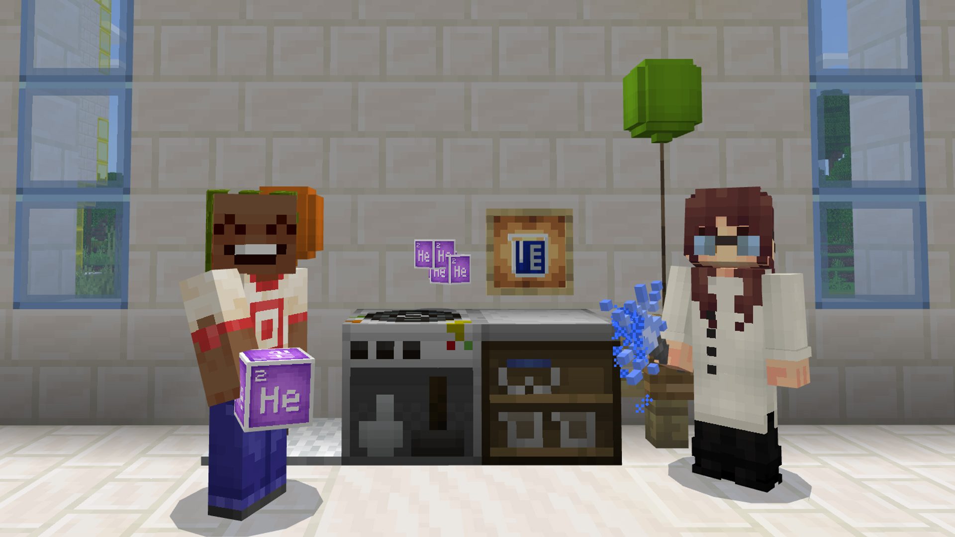 Two Minecraft characters stand in a white brick and glass room, with chemistry lab equipment and balloons behind them.