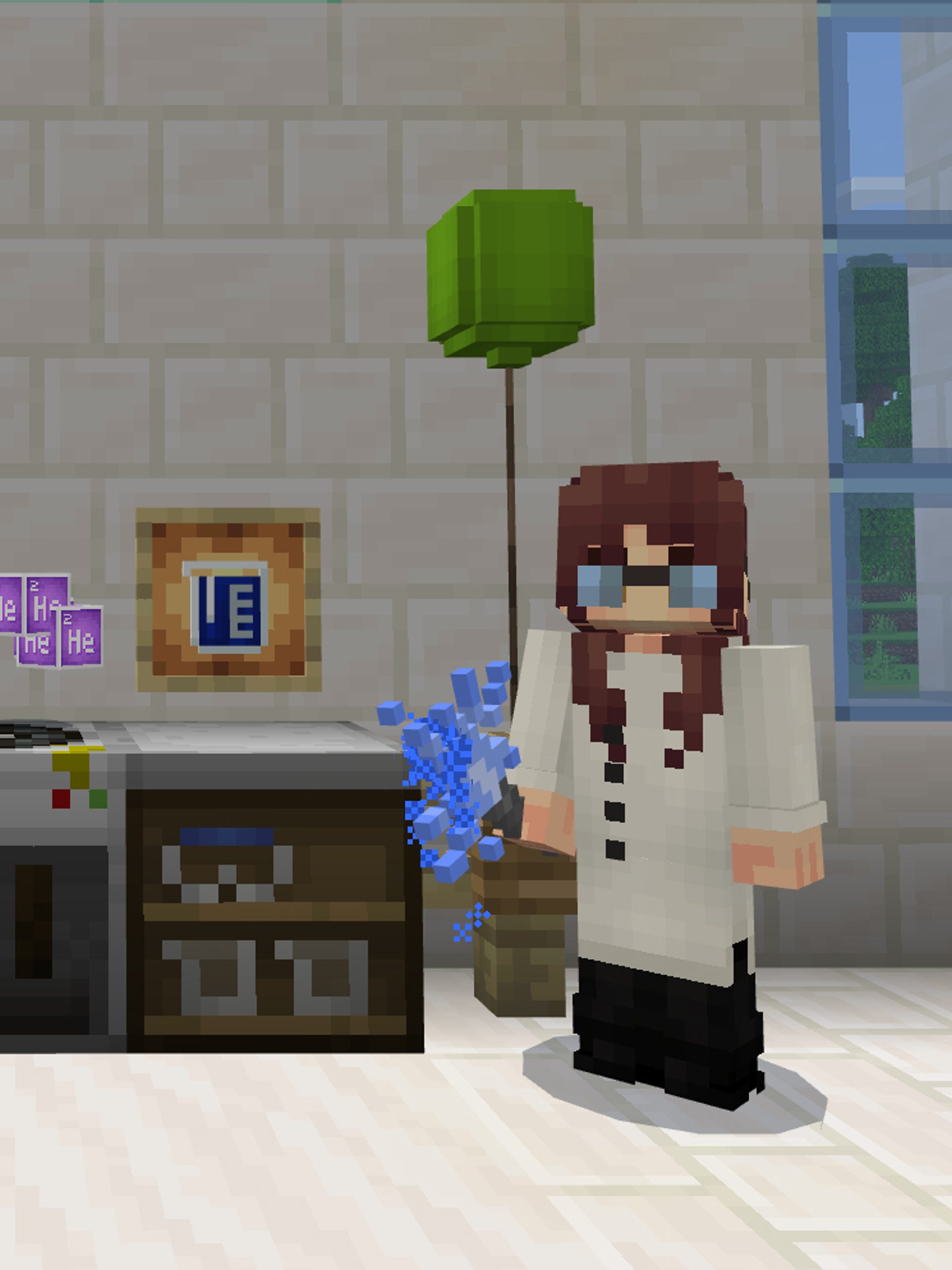 Two Minecraft characters stand in a white brick and glass room, with chemistry lab equipment and balloons behind them.