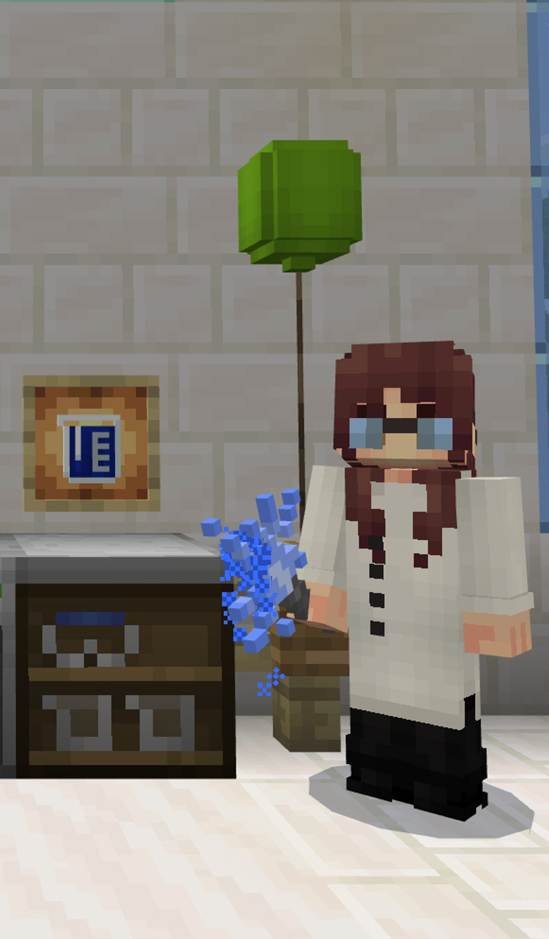 Two Minecraft characters stand in a white brick and glass room, with chemistry lab equipment and balloons behind them.