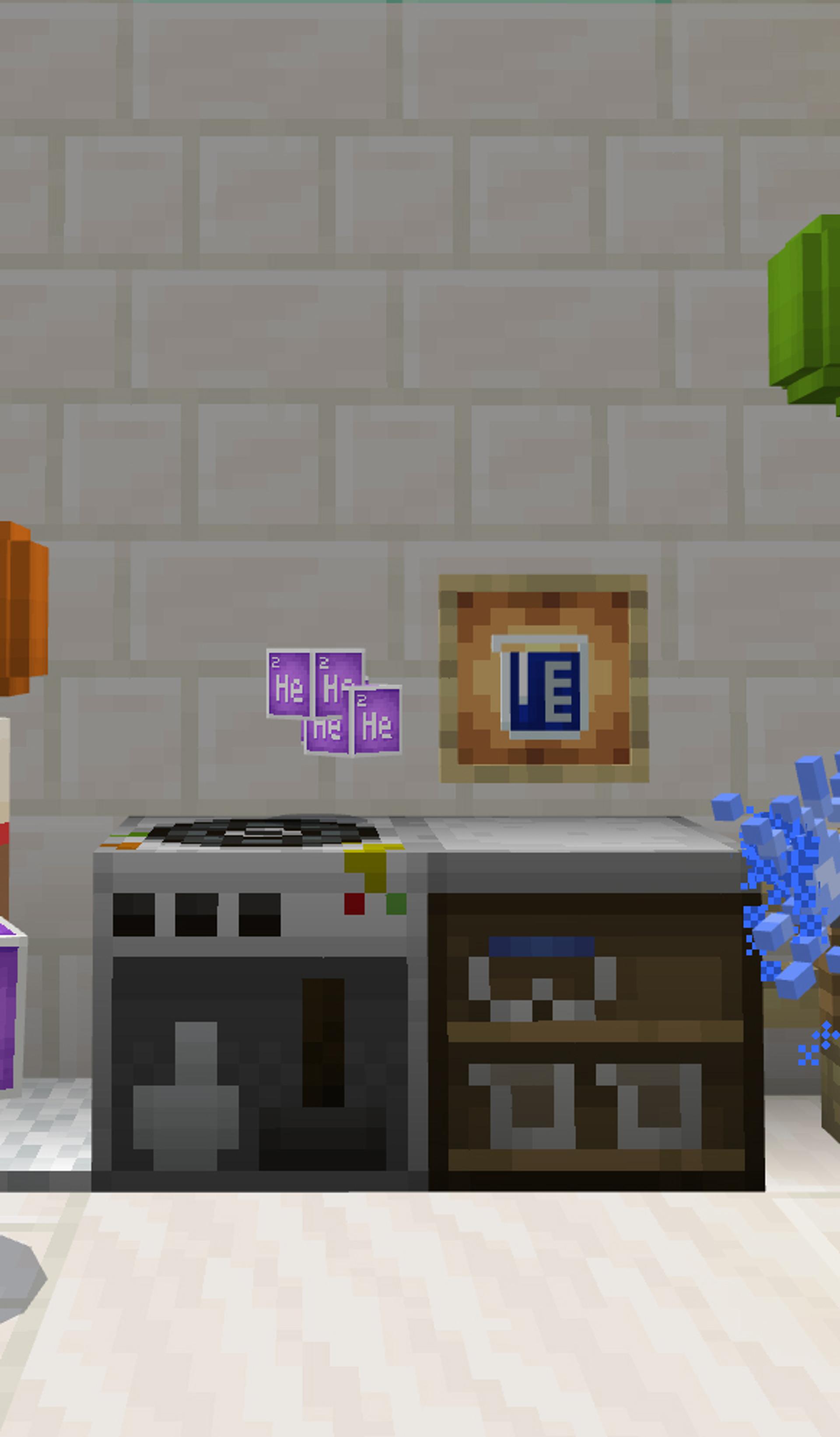 Two Minecraft characters stand in a white brick and glass room, with chemistry lab equipment and balloons behind them.