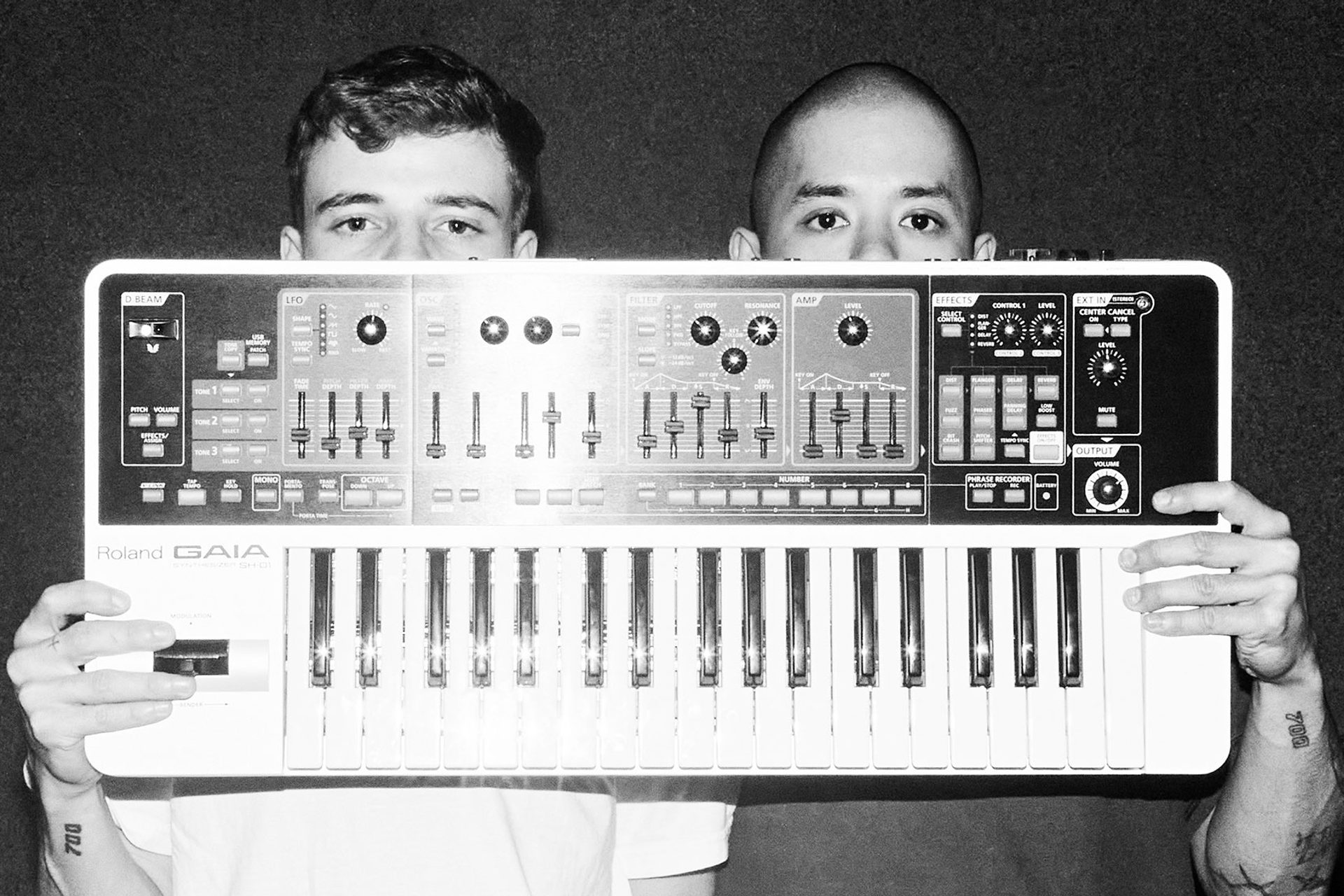 Two fellas hold a single keyboard synth in front of their faces