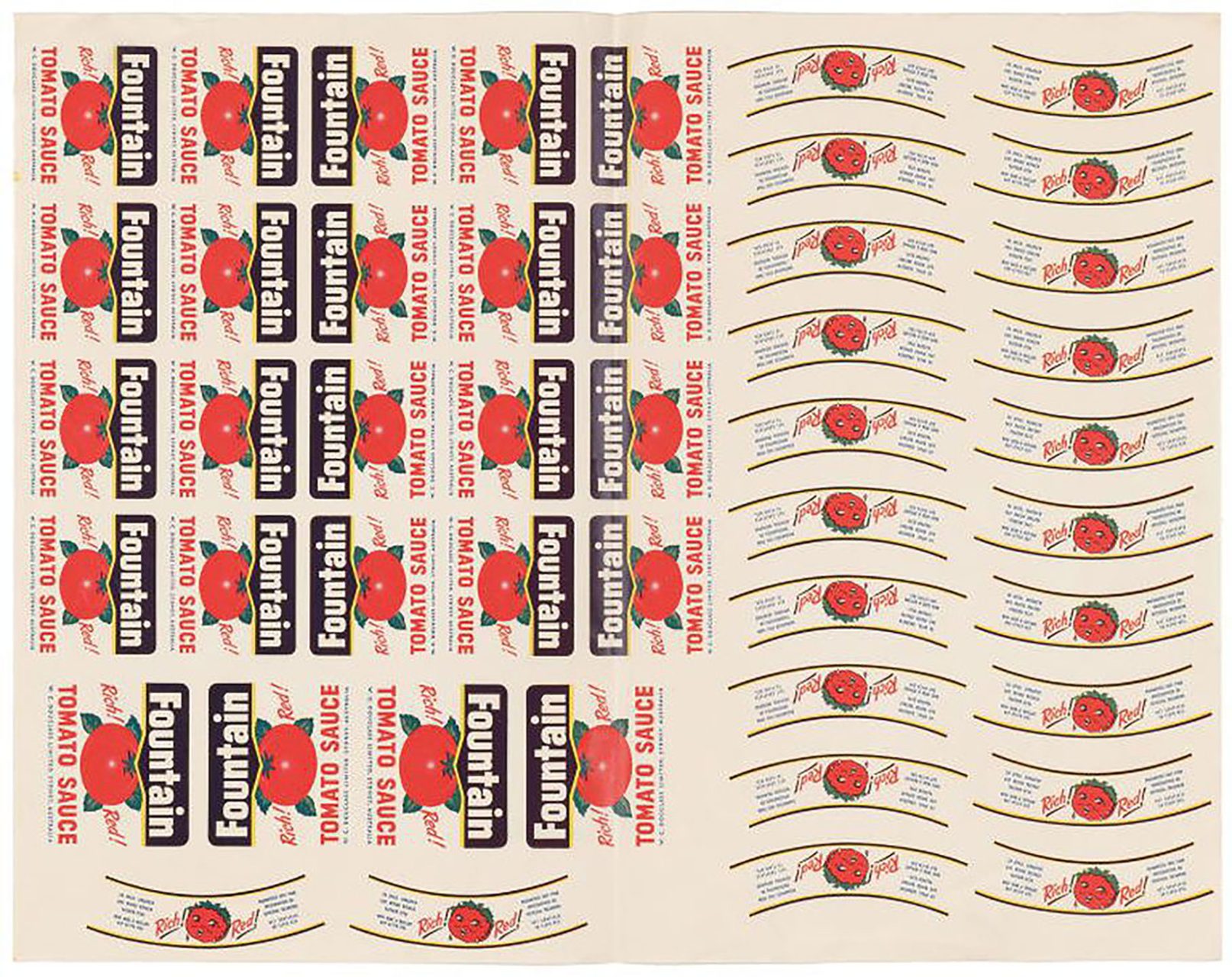 Fountain tomato sauce label sheet. There are 26 labels on the sheet. 24 of them have an illustrated tomato with text ‘FOUNTAIN’ above and text ‘TOMATO SAUCE’ below.