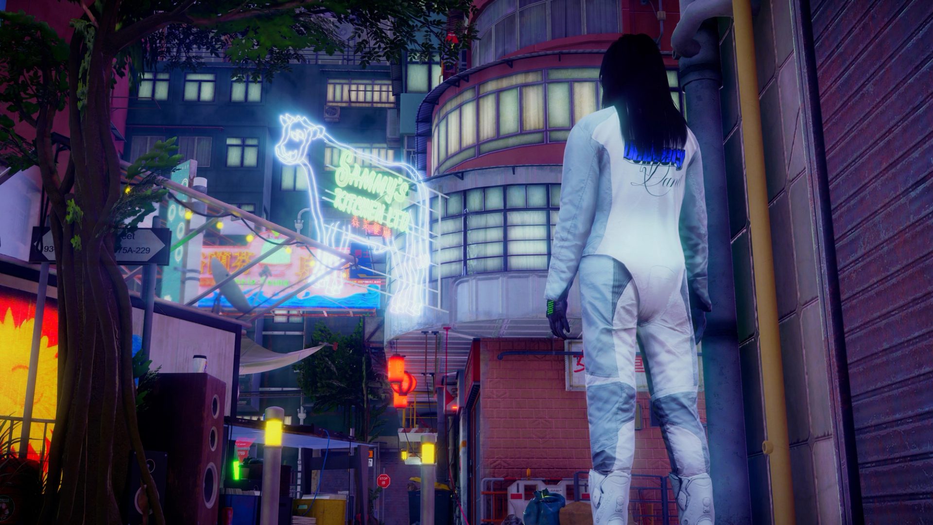 A still from Dancer in the Mirror Field, in which a costumed delivery driver stands staring at a neon sign