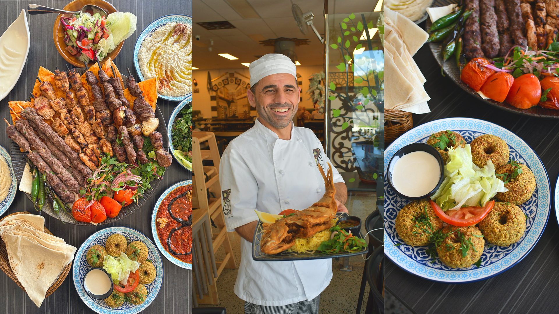 Triptych freaturing Al Shami dishes of varying sizes on a table, Al Shami owner and chef Ali Snoubar and falafel.