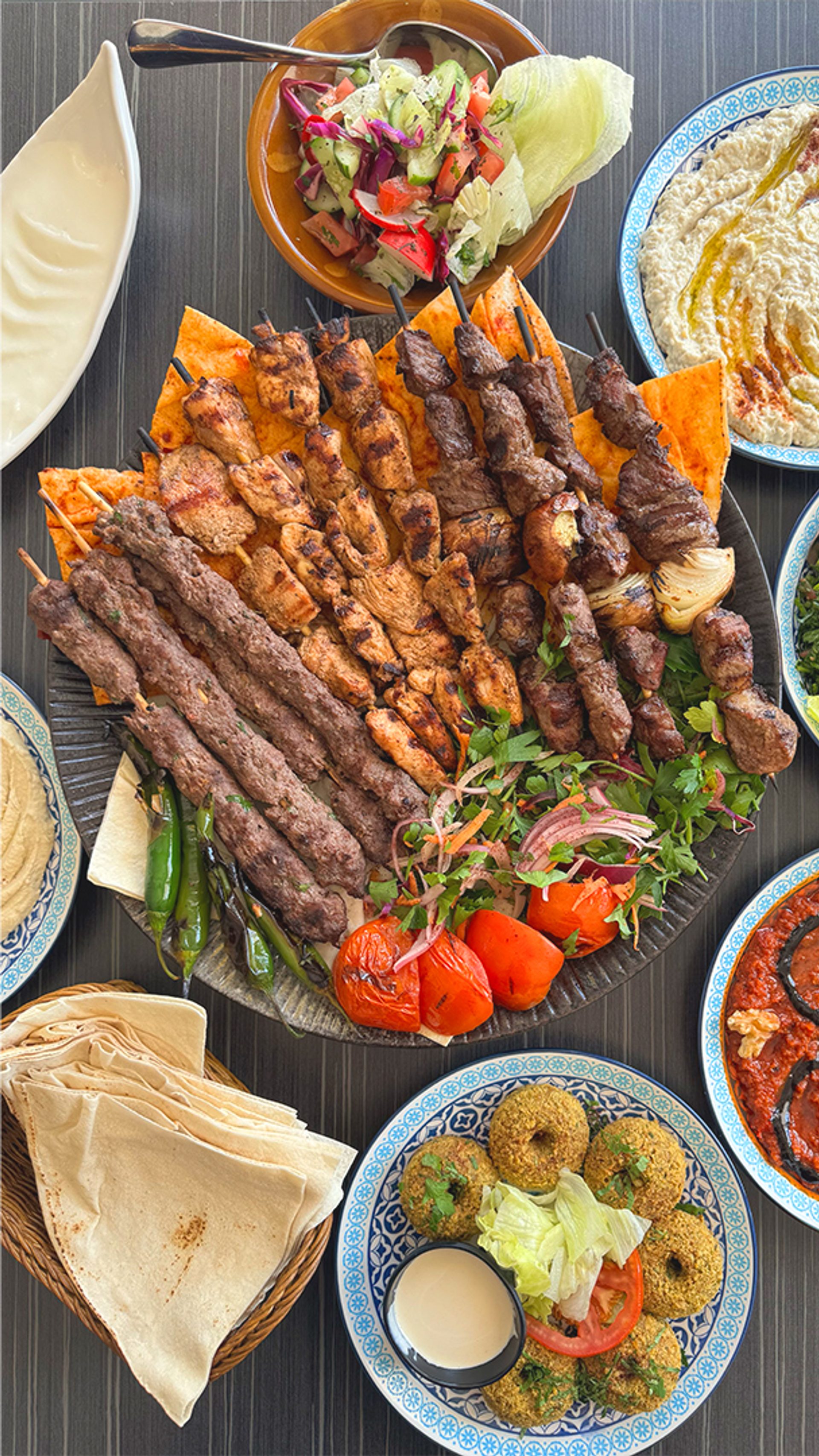Triptych freaturing Al Shami dishes of varying sizes on a table, Al Shami owner and chef Ali Snoubar and falafel.