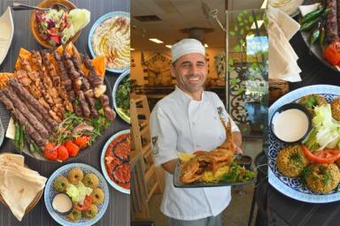 Triptych freaturing Al Shami dishes of varying sizes on a table, Al Shami owner and chef Ali Snoubar and falafel.