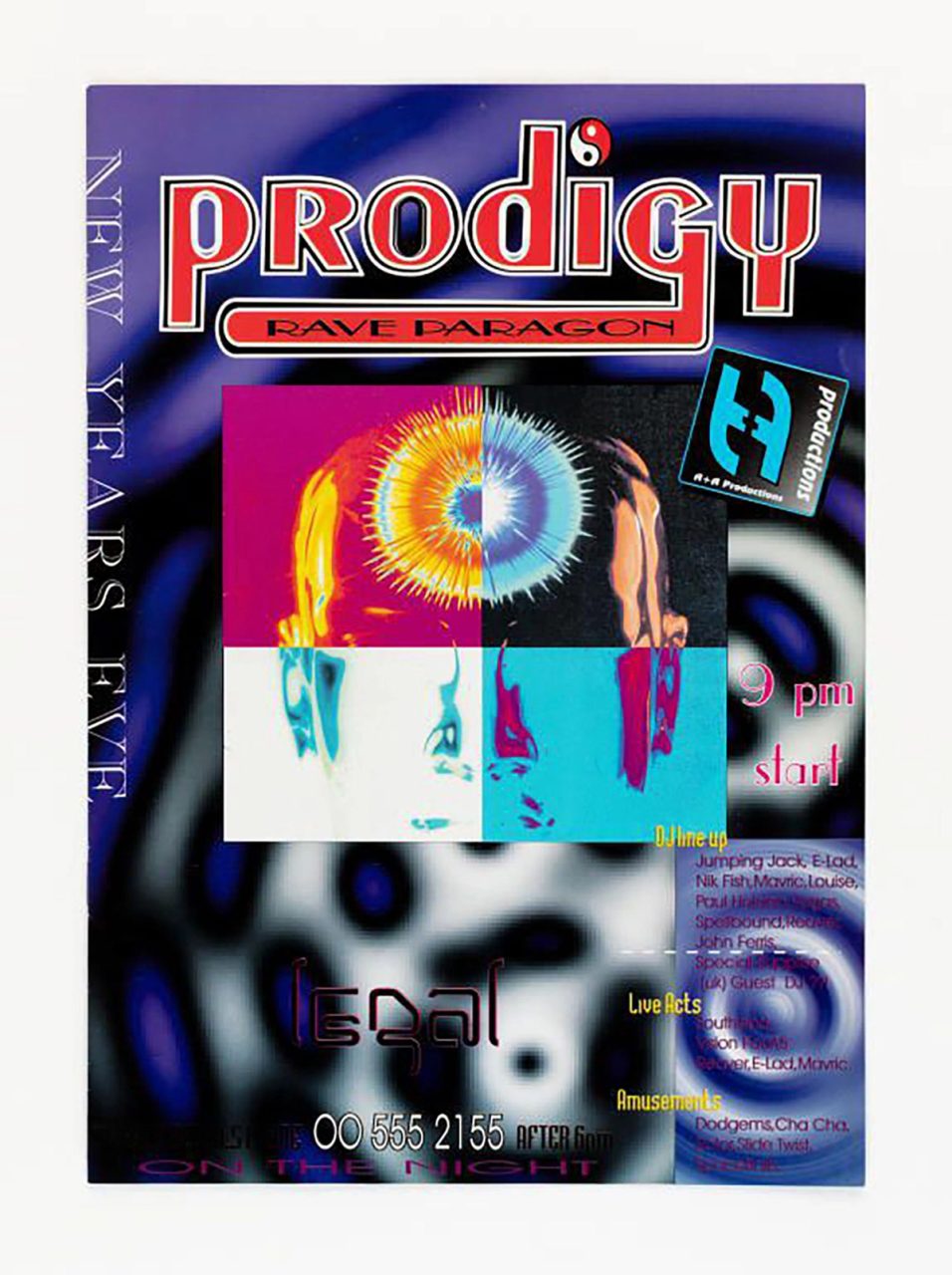 A purple, red, black, orange and pink rave poster reading ‘Prodigy Rave Paragon, New Years Eve, 9pm start’