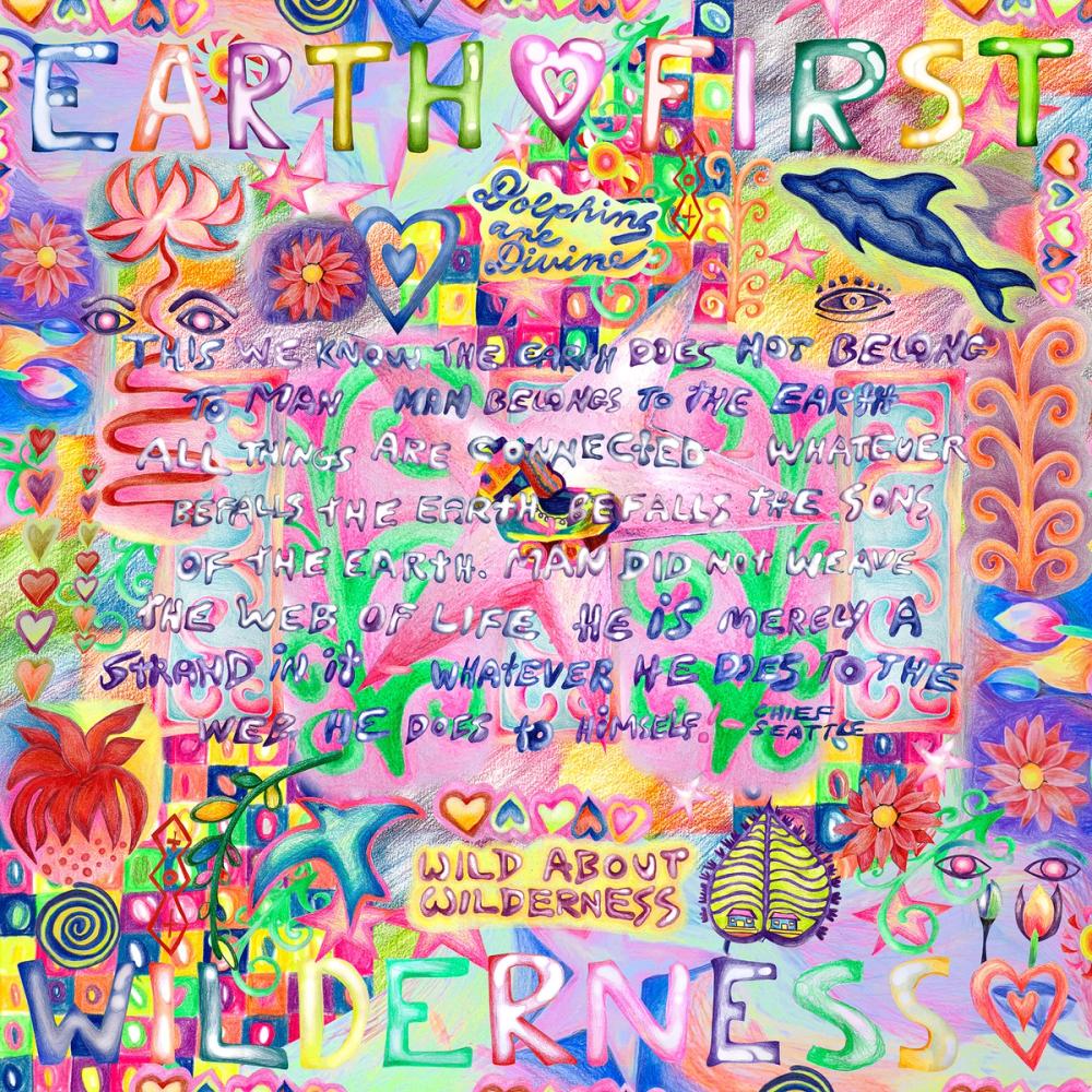 A square multi-colour illustration with flowers, love hearts, dolphins, eyes, and swirls and the text ‘earth first wilderness’