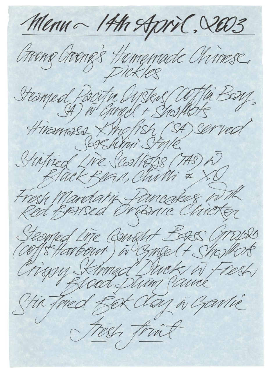 Kylie Kwong handwritten menu