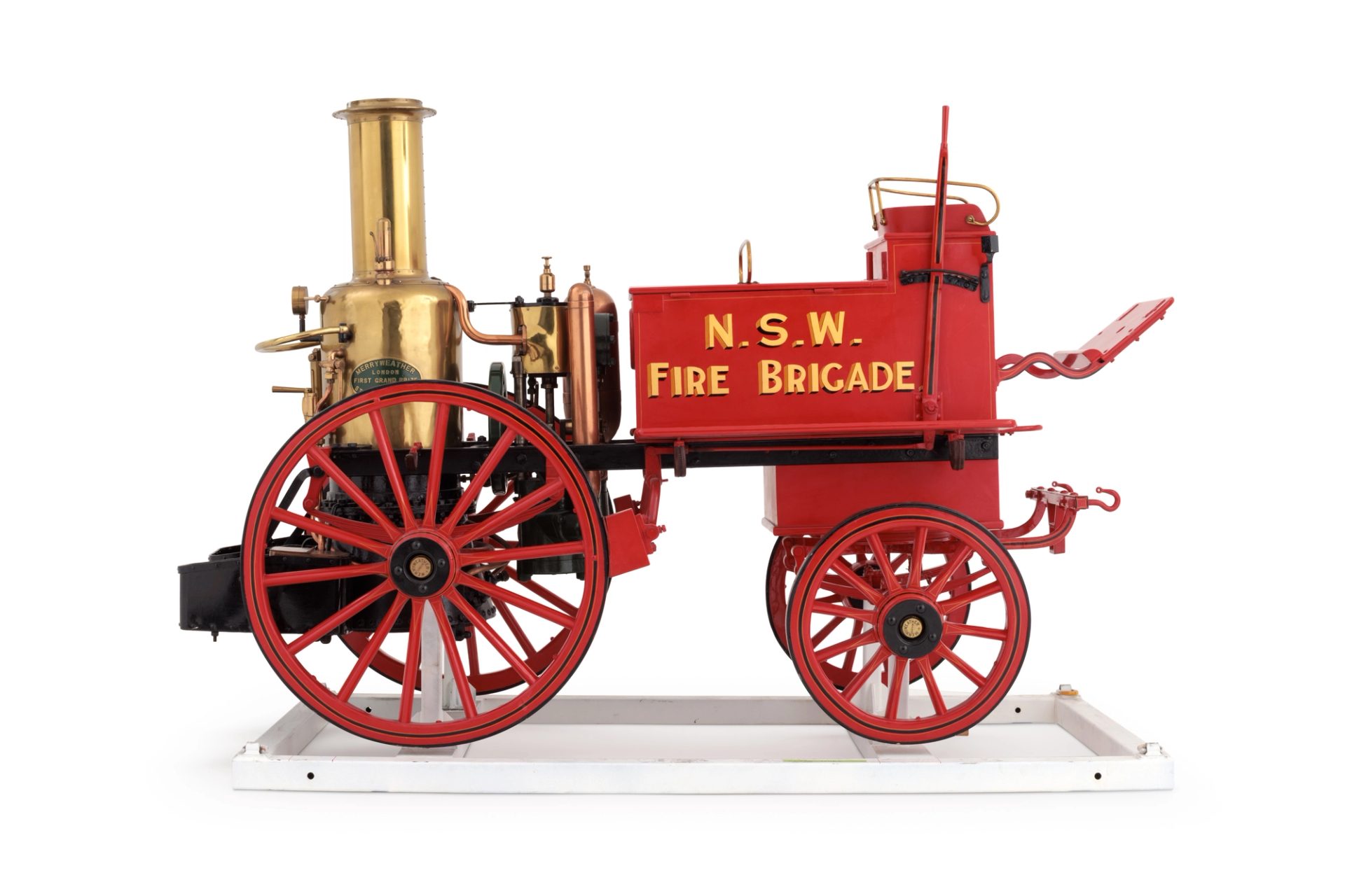 A Merryweather steam fire engine comprises a boiler, steam pumping engine and various accessories necessary for generating and maintaining steam pressure in order to pump water. All the machinery is mounted on a sprung carriage which has four steel-tyred wooden wheels and was pulled by two horses.