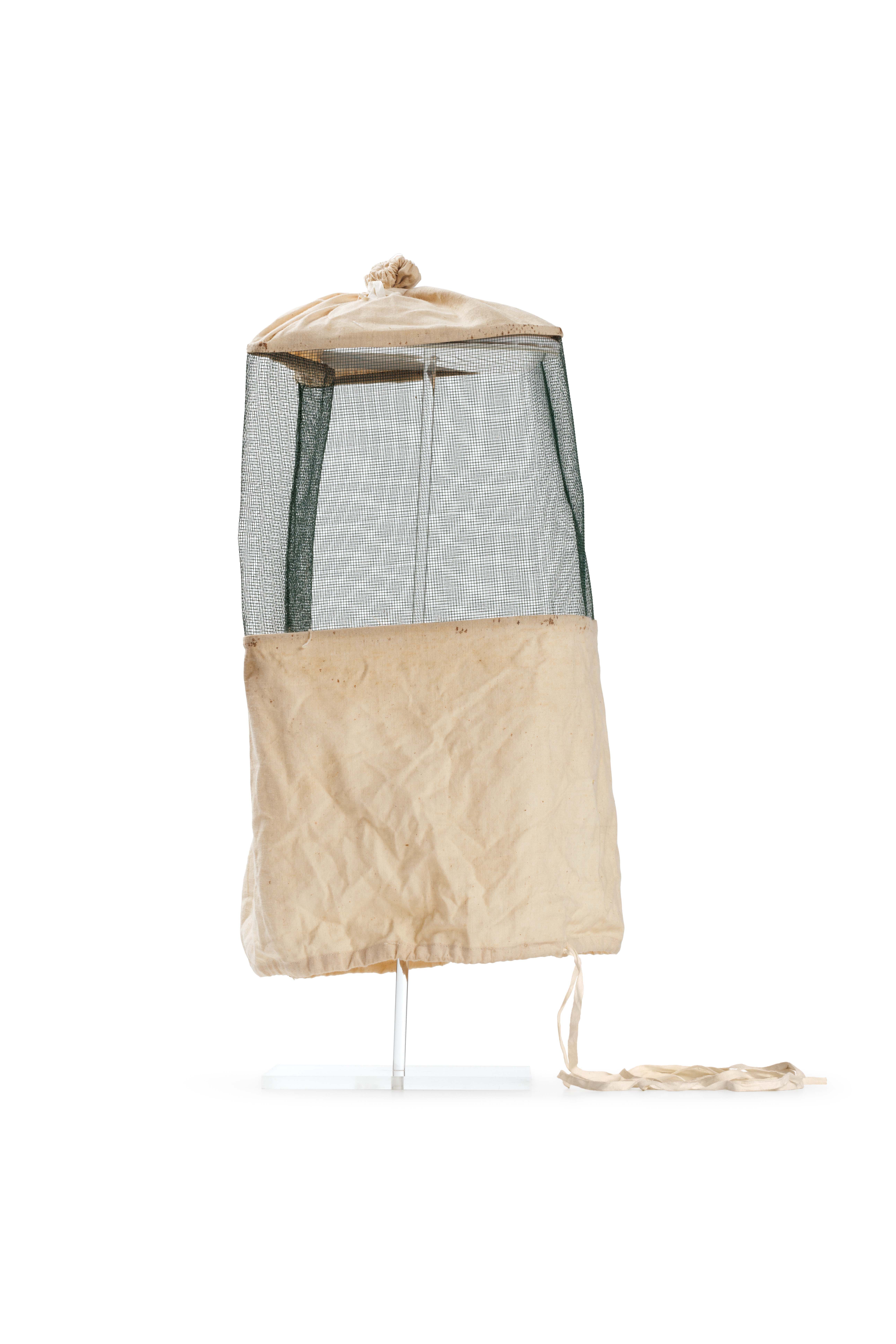 A beekeeping veil on a Styrofoam head.